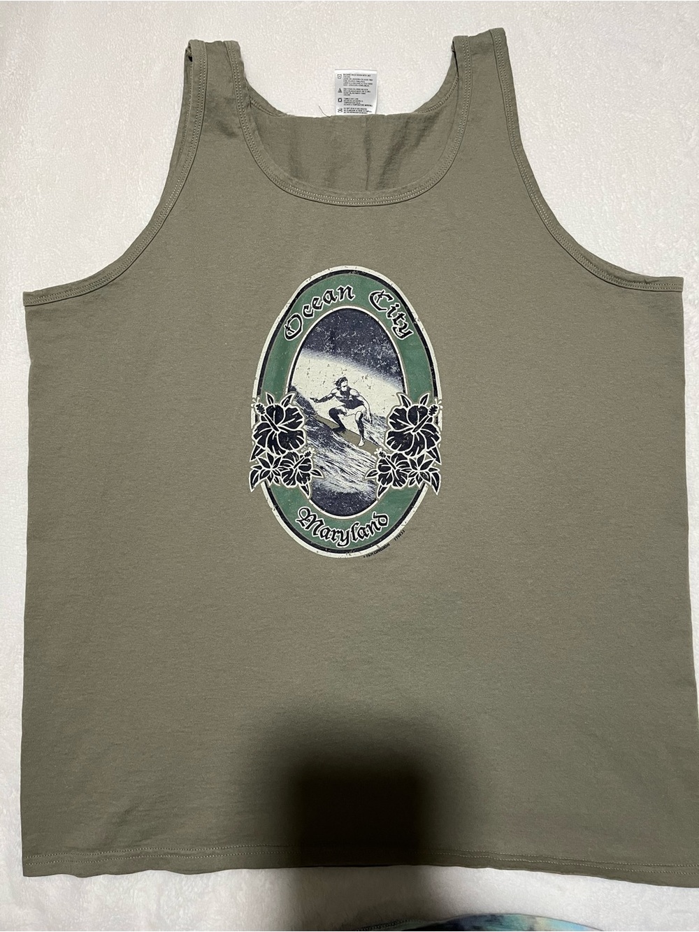 Men's Olive Green Graphic Tank Top - Ocean City Surf Design